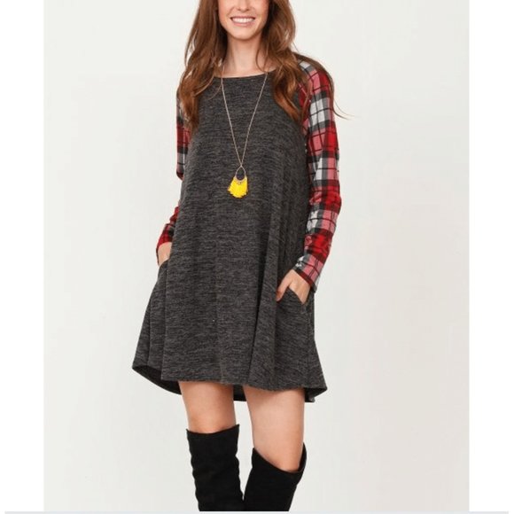 Glam Girl Fashion Dresses & Skirts - NWT Heather Charcoal & Red Plaid-Accent Mini Dress